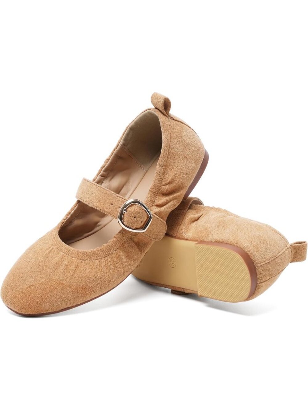 Women's Tan Suede Square Toe Strap Ballet Flats Lace up Bow Comfortable Shoes